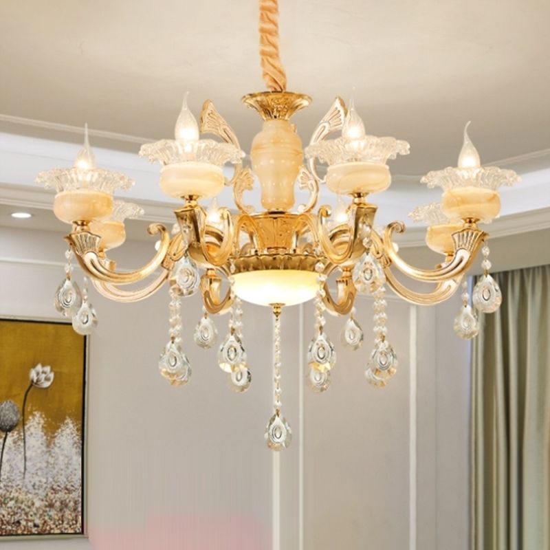 Gold Floral Shade Chandelier Light Retro Glass Living Room Pendant Light Fixture with Hanging Crystal