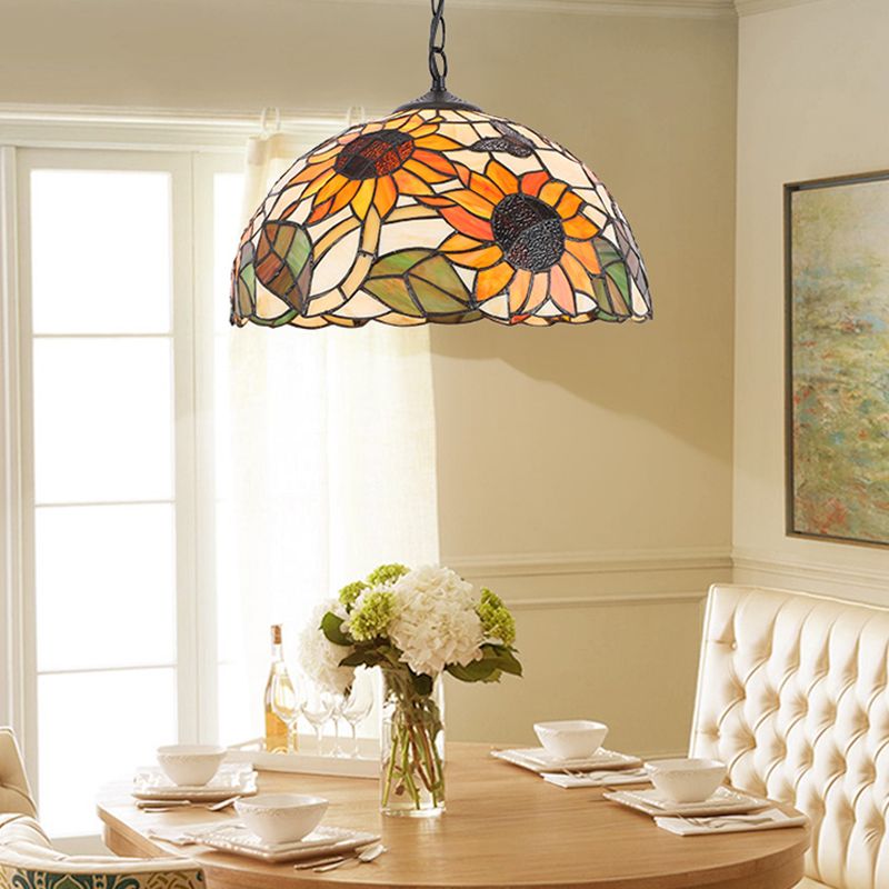 Stained Glass Black/White Pendant Lamp Domed 1 Light Baroque Floral Patterned Hanging Light Kit for Kitchen