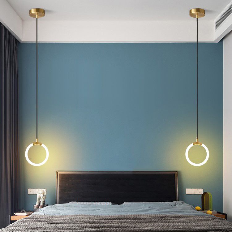 LED Halo Pendant Lamp Simplicity Metal Bedside LED Ceiling Suspension Light in Gold