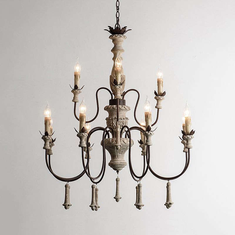 12 têtes Chandelier en bois rural brun à 2 niveaux suspendus de salon avec bras en métal incurvé