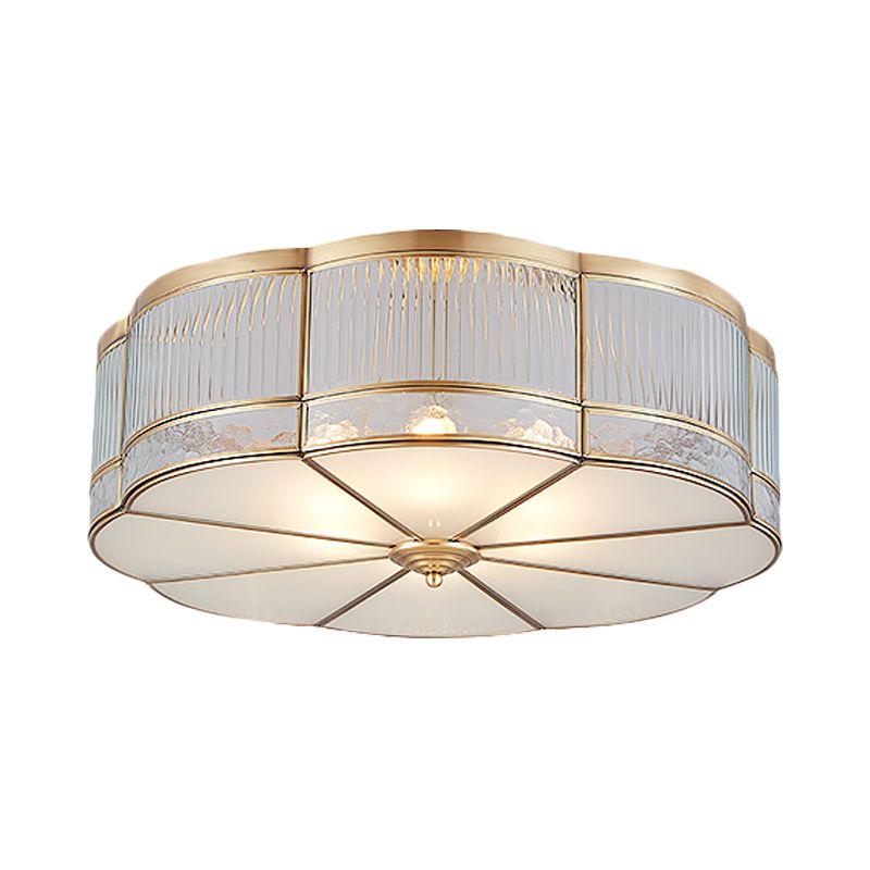 Ribbed Glass Gold Ceiling Flush Clover 3/4 Heads 14"/18" W Colonialist Flush Mount Lamp for Dining Room