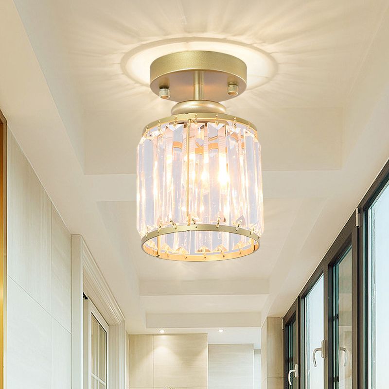 1 Light Corridor Semi-Flush Light Gold / Black Ceiling Light with Cylinder Crystal Block Shade