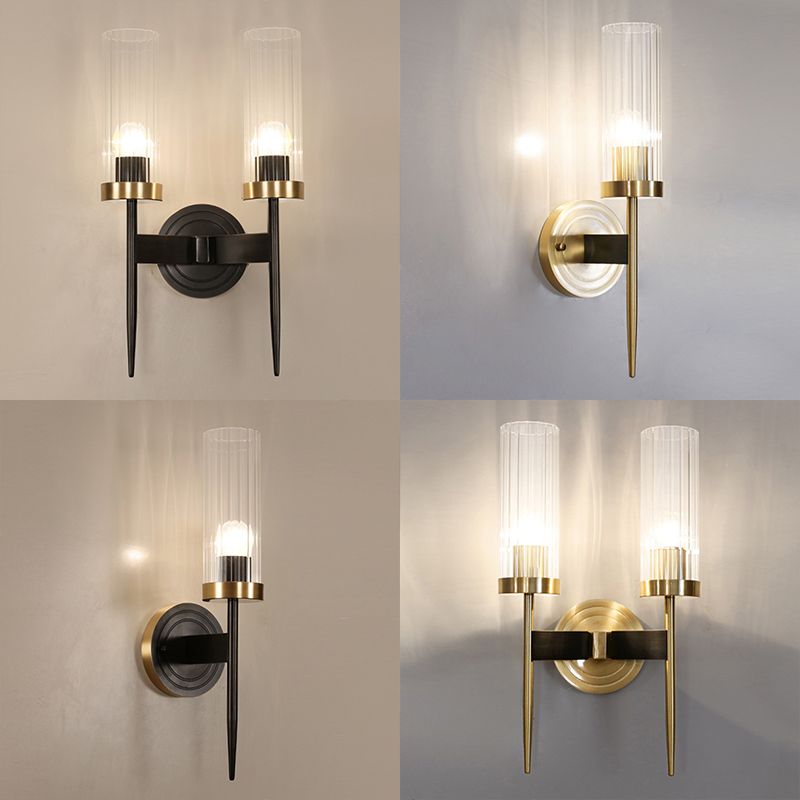 Modern Minimalist Cylindrical Wall Sconce Copper Wall Lamp with Clear Glass Shade