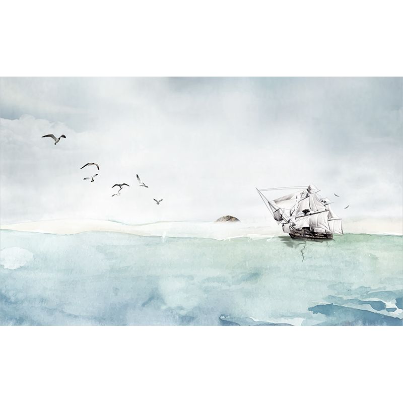 Sea Painting Sailing Vessel Mural Wallpaper Nautical Non-Woven Cloth Wall Art in Grey-Blue
