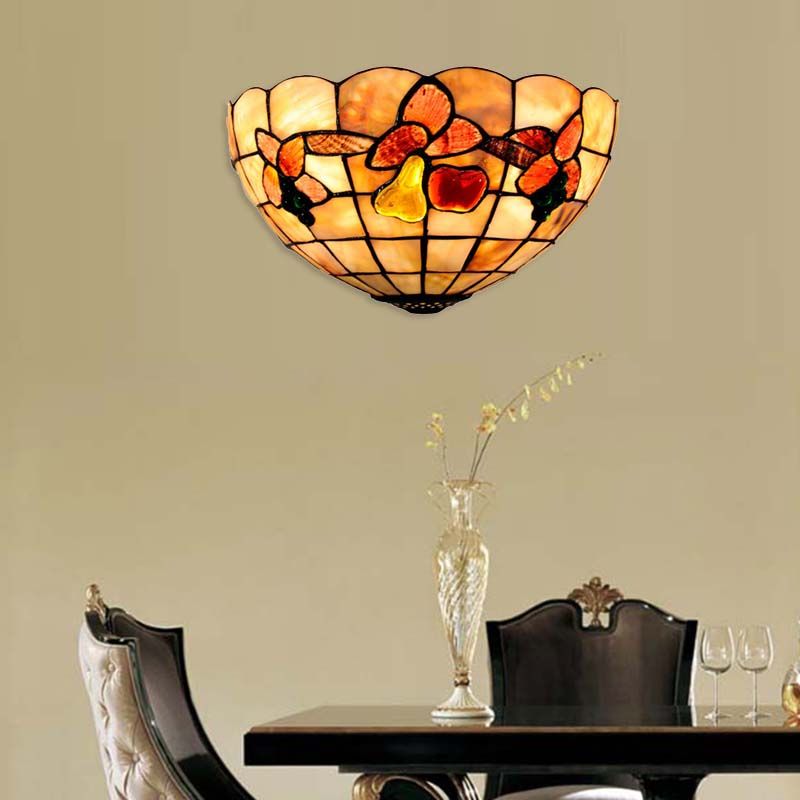 Petal Dining Room Wall Light with Fruits Shell Tiffany Antique Wall Sconce in Beige for Hotel