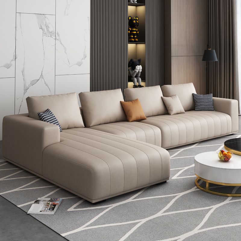 Beige Modern Faux Leather Square Arm Sofa/Sectional with Pillowed Back Cushions