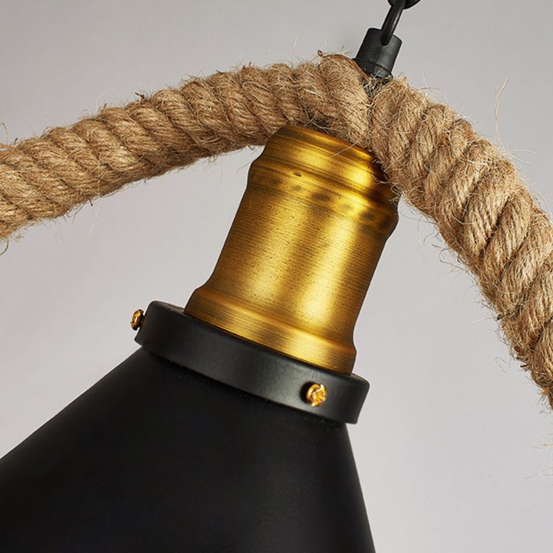 3-Light Retro Hemp Rope Island Light Black Cone Metal Shade Industrial Style Pendant for Restaurant Bar