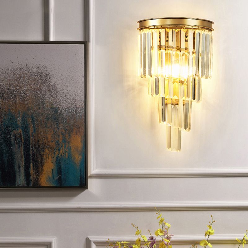 Crystal Tiered Tapered Sconce Fixture Minimalism 1 Head Gold Finish Wall Light for Living Room