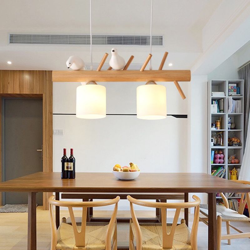 Wood Island Lamp Modern Island Hanging Light with Glass Shade for Dining Room