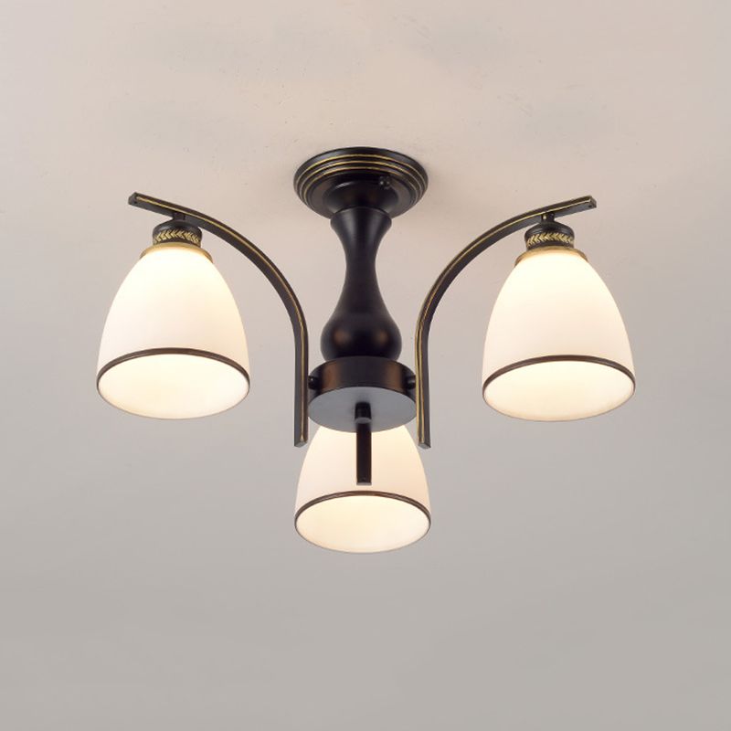 Black Radial Ceiling Light in Traditional Retro Style Wrought Iron Semi Flush Mount with Glass Shade