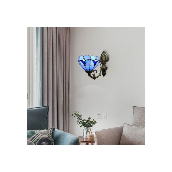 Foyer Bowl Shade Wall Light Stained Glass 1 Head Tiffany Wall Sconce in Blue Finish