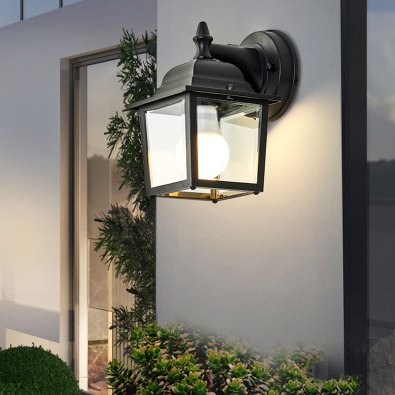 Glass Shaded Wall Sconce Lamp Industrial-Style Outdoor Wall Light Fixture in Black