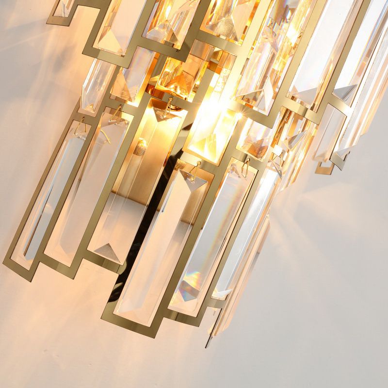 Modern Tier Flush Mount Wall Light 2 Bulbs Crystal Block Sconce Lighting with Golden Metal Frame