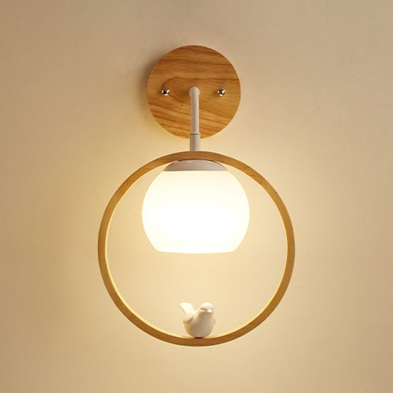 Modern Wood Wall Sconce Circle Shape Wall Light with Glass Shade for Living Room