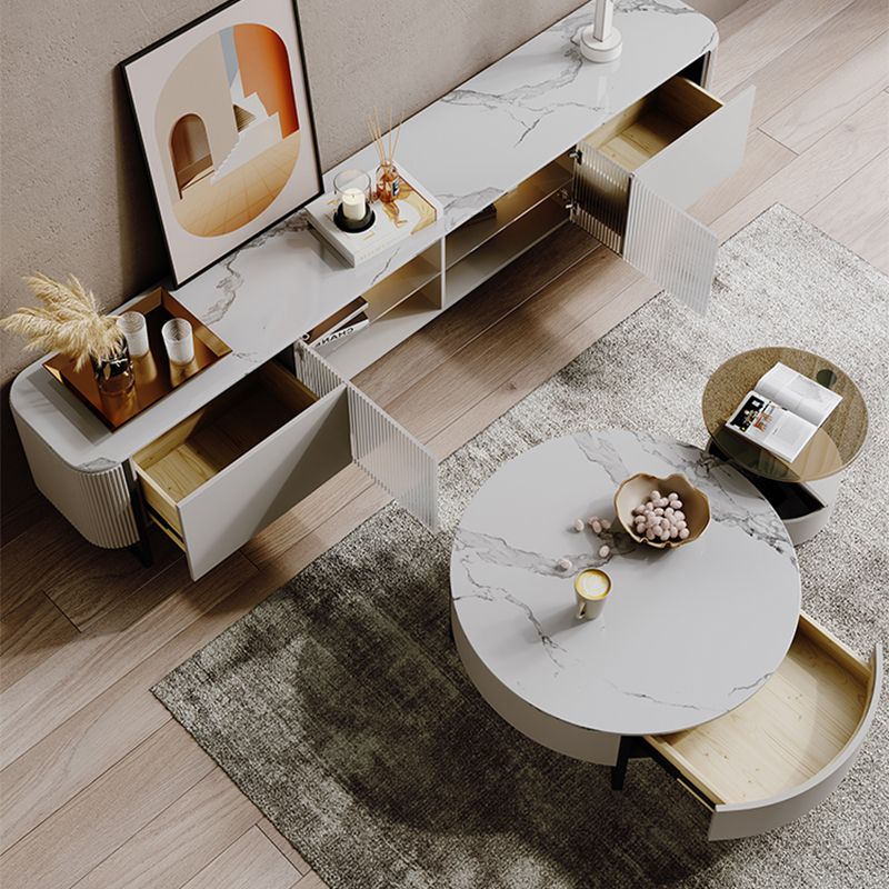 Slate Top Sled Coffee Table with Storage Contemporary White Round