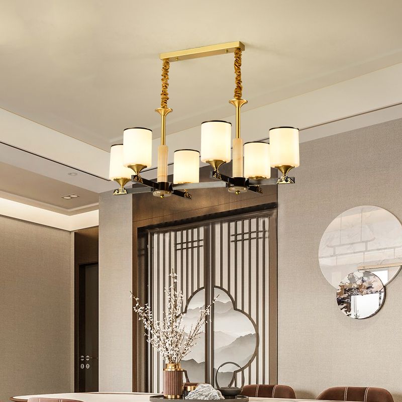 Modern Style Cylindrical Shape Island Lights White Glass 6-light Pendant Lights in Gold
