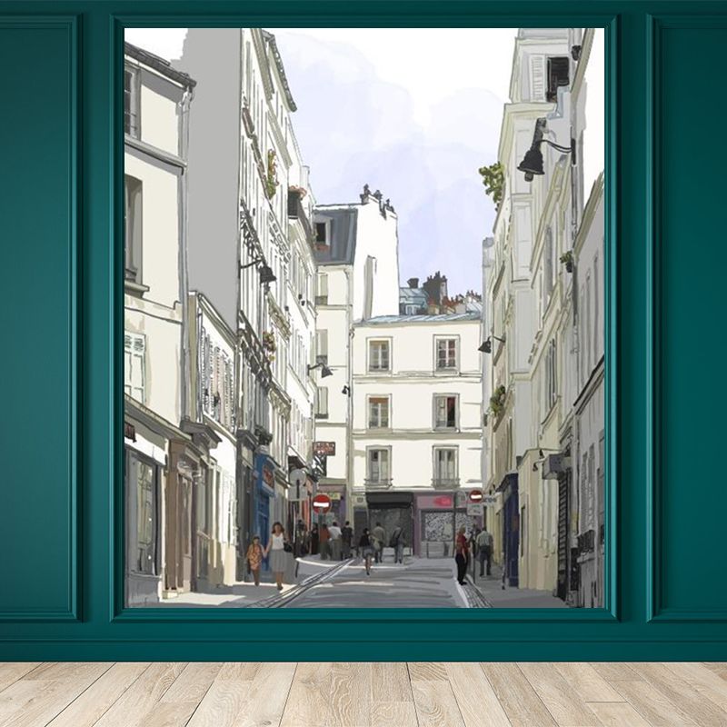 Modern City Street View Mural Non-Woven Waterproofing White Wall Decor for Bedroom
