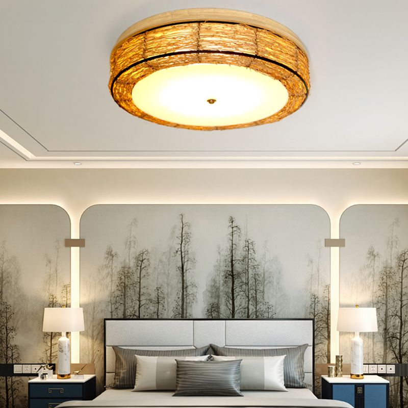 Ronde Vorm Plafondlamp Aziatische Stijl Rotan 3 Lichten Flush Mount voor Slaapkamer