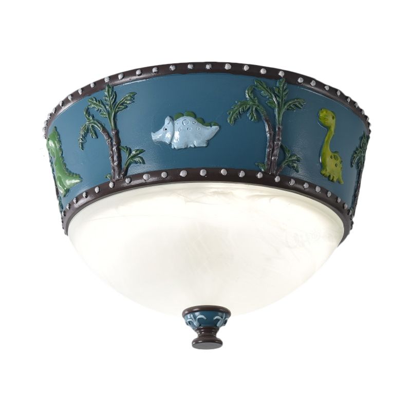 Bowl Opal Glass Ceiling Lamp Kids Blue/Yellow LED Flush Mount with Dinosaur and Tree Pattern in White/Warm Light