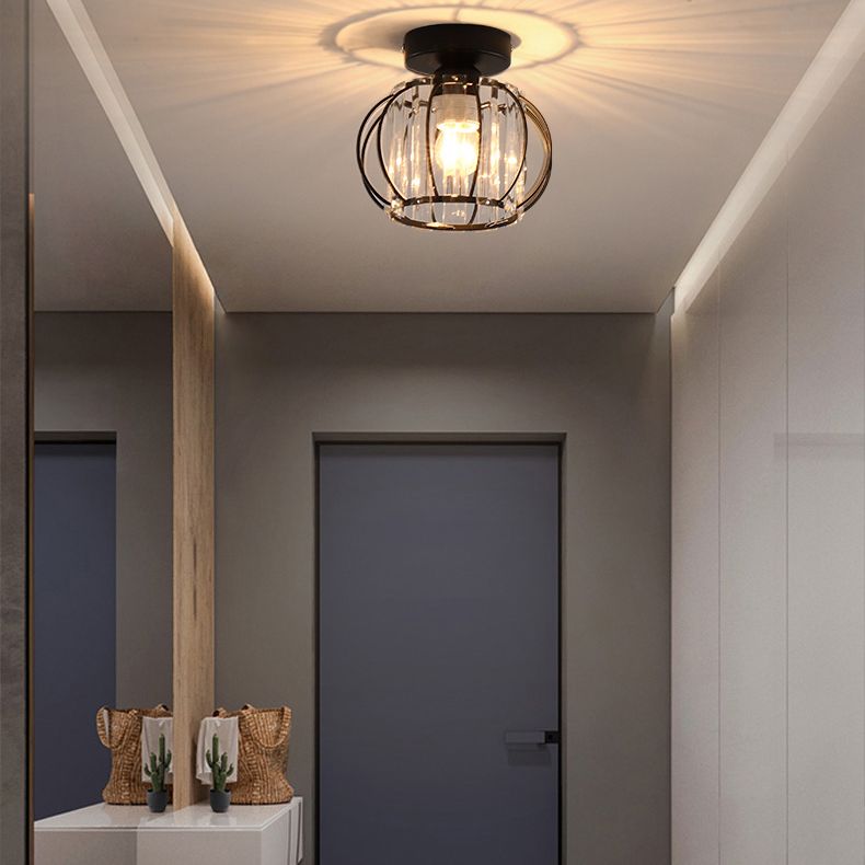 Caged Crystal Flush Ceiling Light Modern Style 1 Bulb Flush Mount Light for Hallway
