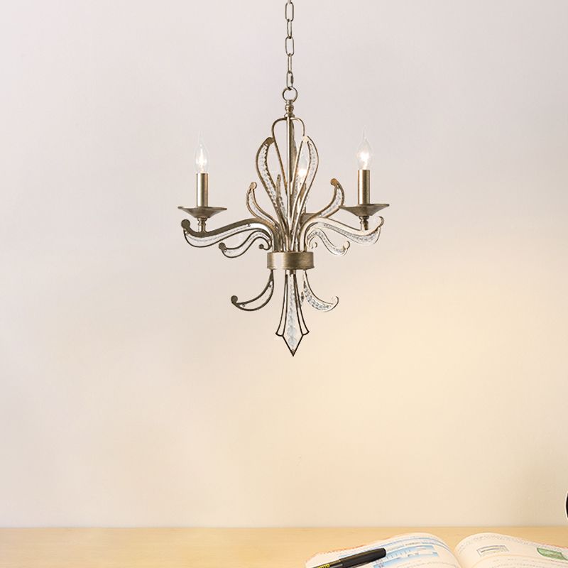 Crystal Beaded Antiqued Silver Drop Lamp Foliage Candelabrum 3 Heads Rural Chandelier