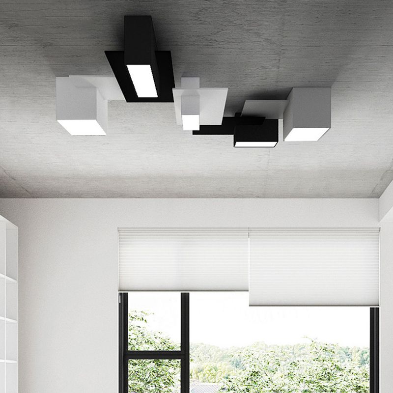 Plafonnier LED noir et blanc en fer de simplicité moderne, plafonnier géométrique avec abat-jour en acrylique