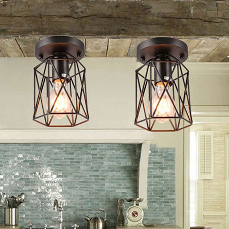1 Head Wire Cage Semi Flush Light Vintage Style Black Metallic Ceiling Mounted Fixture for Kitchen
