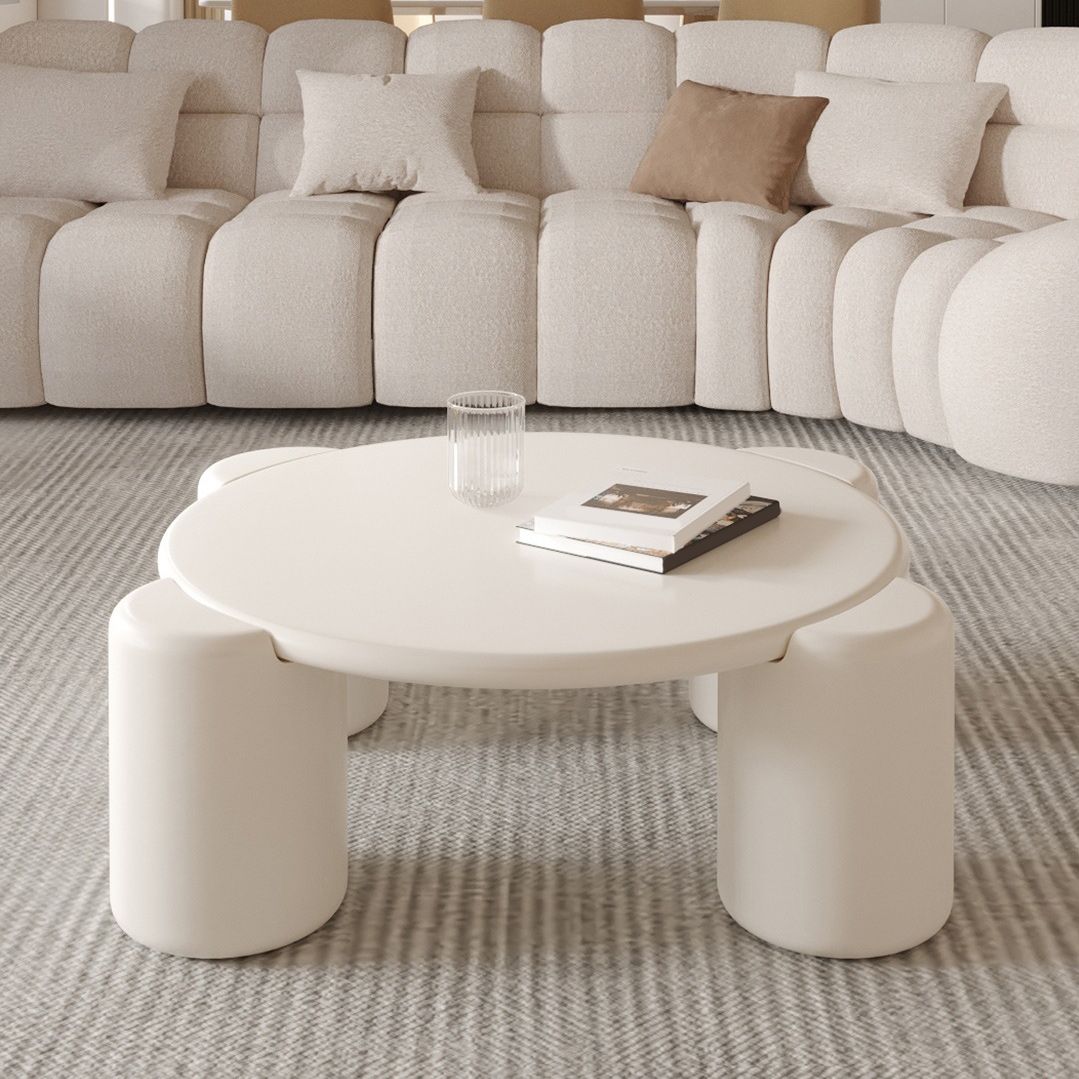 Contemporary Round Wood Cocktail Table White 4 Legs Coffee Table - 13.8" H