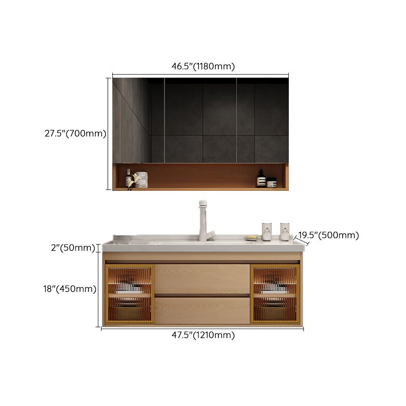 Wall Mount Vanity Mirror Single Sink Rectangle Door Wood Vanity with Drawers