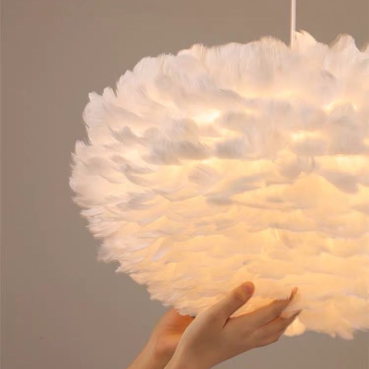 White Feather Pendant Lighting Modern Nordic Creative Globe Hanging Ceiling Light for Bedroom