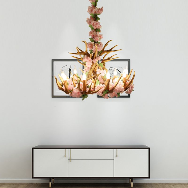 Candle Living Room Hanging Lamp Rustic Resin 4/6/12 Bulbs Pink/Green Chandelier Pendant Light