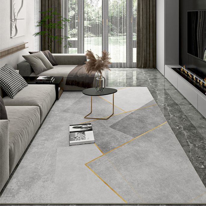 Grey Living Room Area Rug Geometric Print Polyester Area Carpet Non-Slip Backing Rug for Home Decor