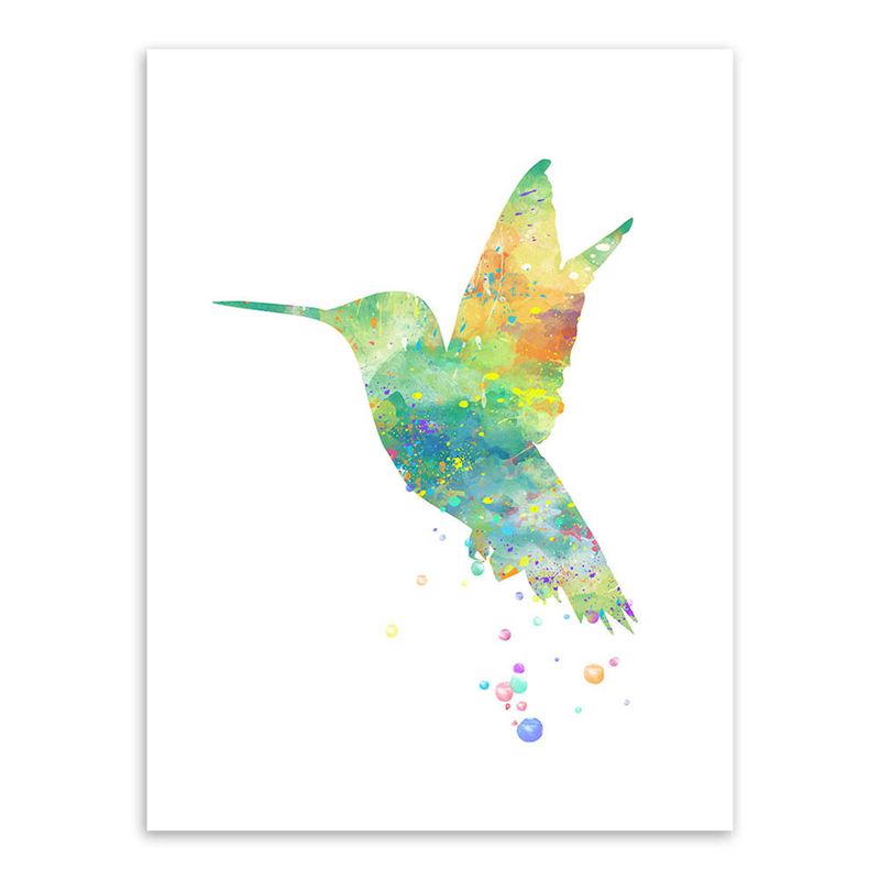 Kids Hummingbird Painting Wall Art Green Watercolor Canvas Print for Child Bedroom