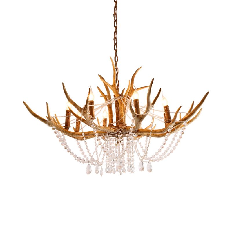 Resin Candle Chandelier Lamp Rustic 8-Head Kitchen Island Pendant Ceiling Light with Cascading Crystal in Brown