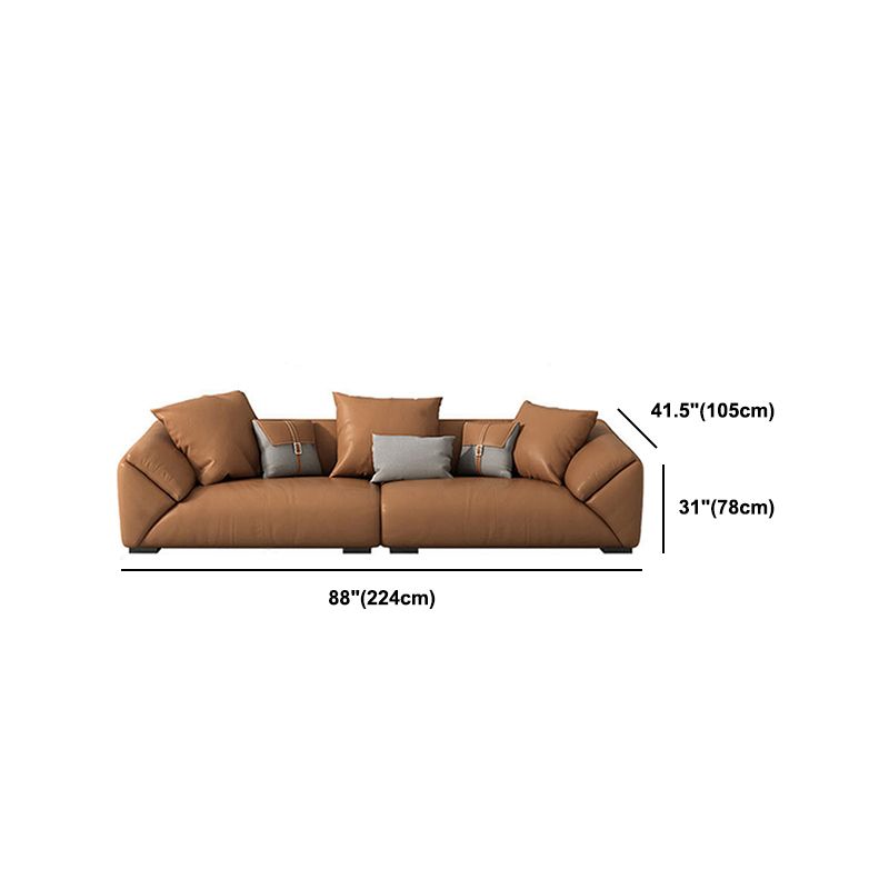 Orange Faux Leather Sofa Modern Pillow Top Arm Sofa with Pillows
