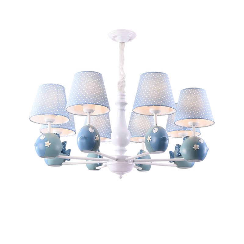 Cartoon Chandelier Lighting White Conical Suspension Light with Tapered Fabric Shade for Kids Room