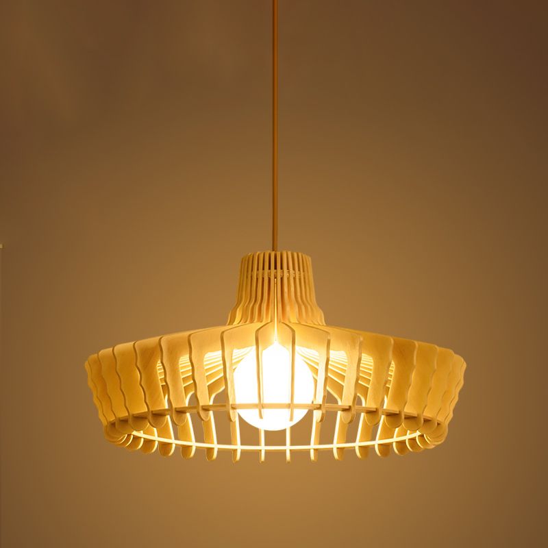 South-East Asia Hat Hanging Lamp Wood 1 Bulb Ceiling Pendant Light in Beige for Restaurant
