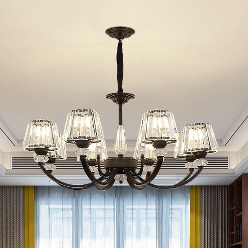 Conical Hanging Chandelier Minimalist Crystal Black Suspension Light with Arched Arm