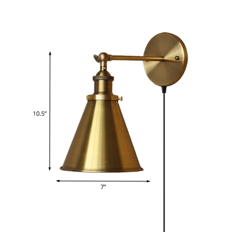 1 Bulb Tapered Wall Light Fixture Retro Style Brass Metal Wall Light with Plug-In Cord for Living Room