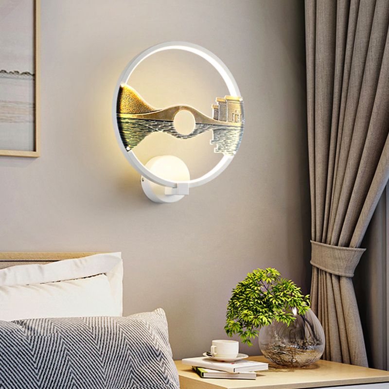 Black/White Circular Sconce Light Fixture LED Acrylic Wall Mount Lamp with Chinese Style Scenery Pattern, 12 Dia"