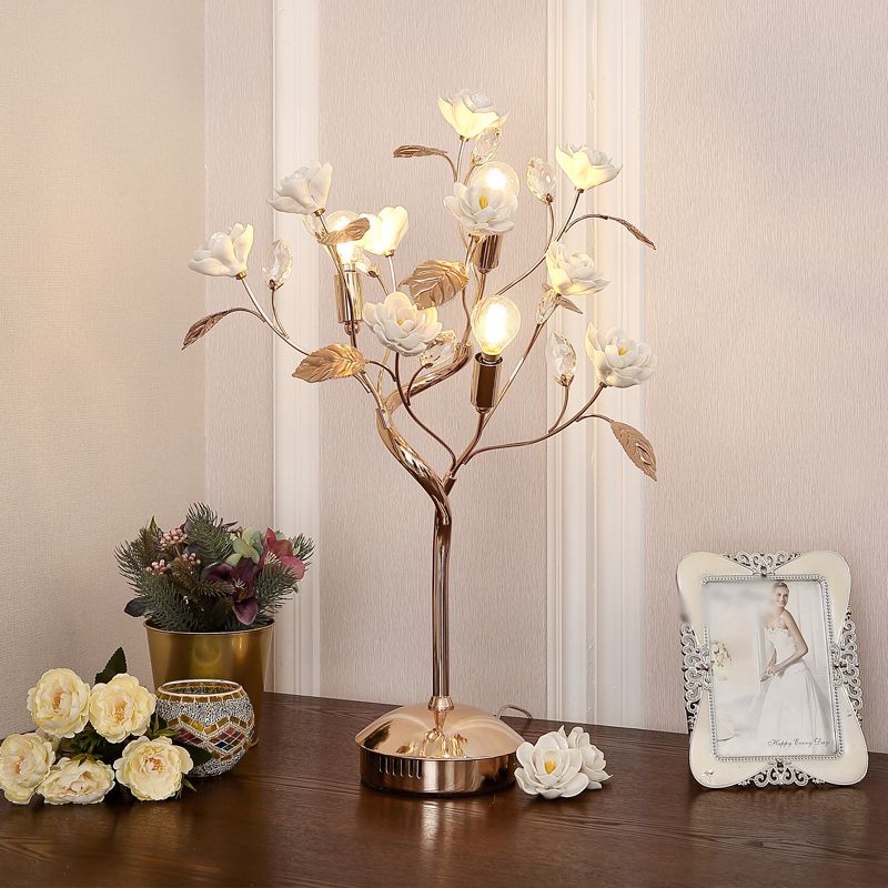 Floral Ceramic Table Light Pastoral Style Living Room Nightstand Lamp with Decorative Crystal