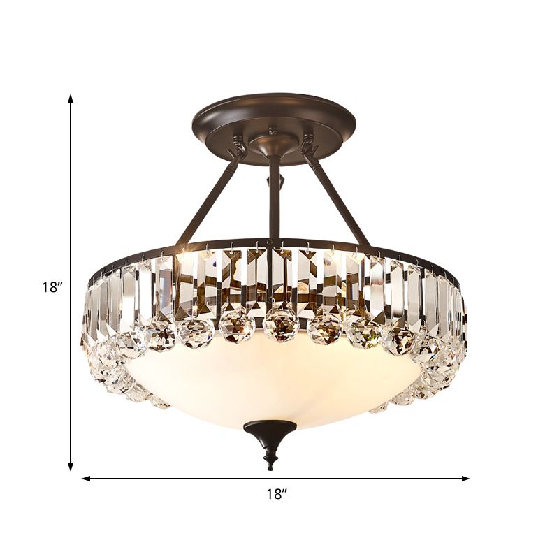 Vintage redondo semi descarga clara de cristal transparente K9 y vidrio de leche 4 luces accesorio montado en el techo en acabado negro