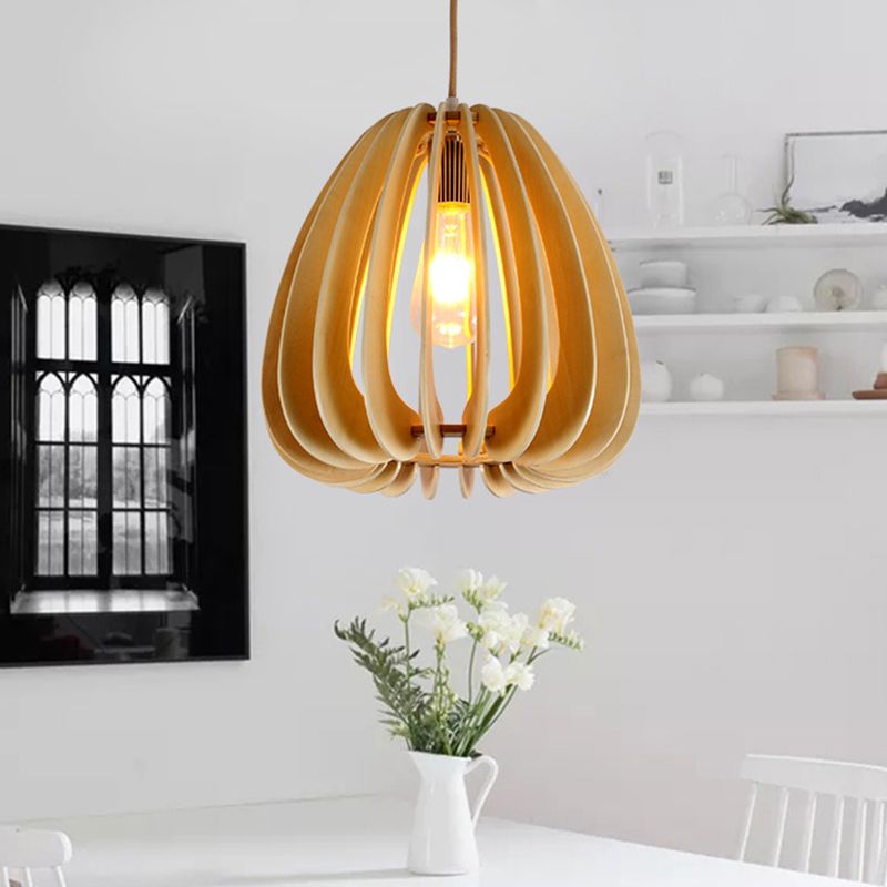 Contemporary Curved Pendant Lighting Wood 1 Light Dining Room Ceiling Light in Beige