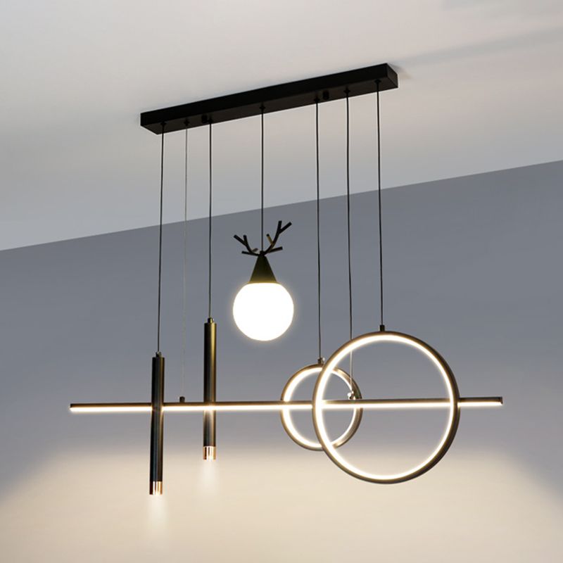 Black Geometric Island Lighting Simple Style Metal LED Pendant Light for Dining Room