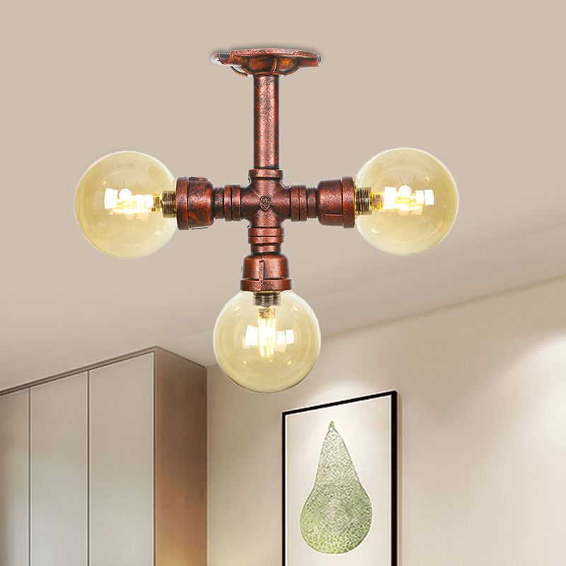 Bernsteinglas Kupfer halb Flush Light Kugel 3/4-Bulb Farmhouse LED-Decke montiert