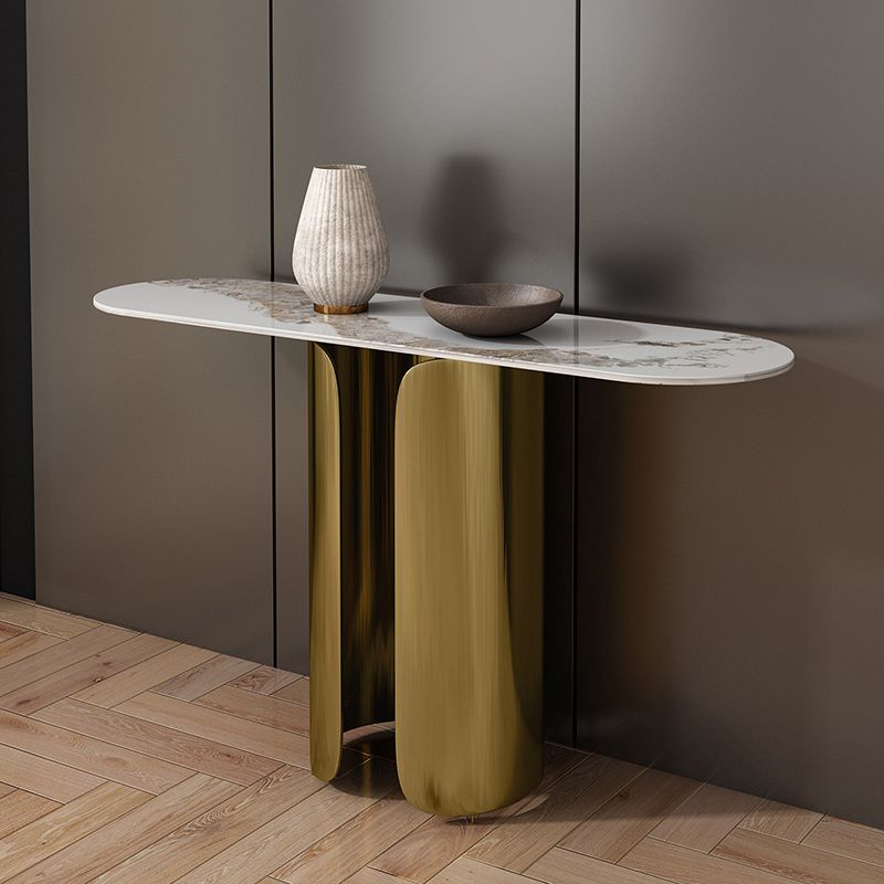 16 Inch Wide Glam Console Table Oval Stone Accent Table for Hall