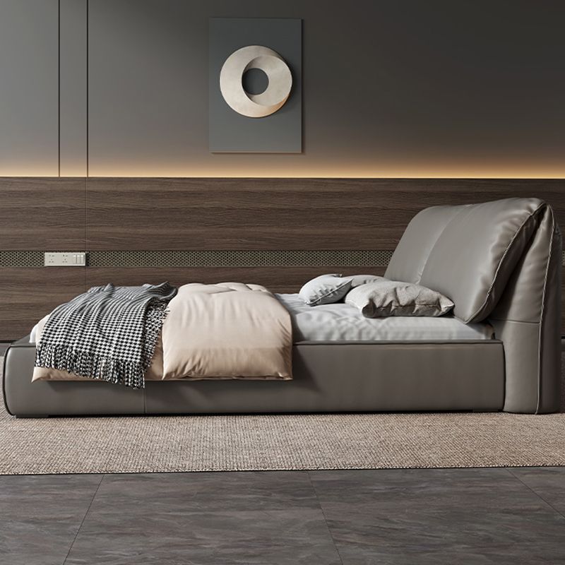 Glam Grey Bed Frame Pine Wood Upholstered Headboard Standard Bed Solid Color