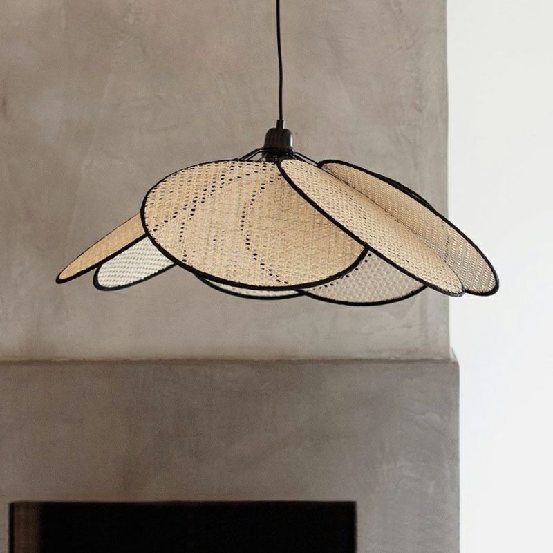 Flower-Like Ceiling Lighting Asian Style Rattan 1 Bulb Wood Hanging Lamp for Tea Room