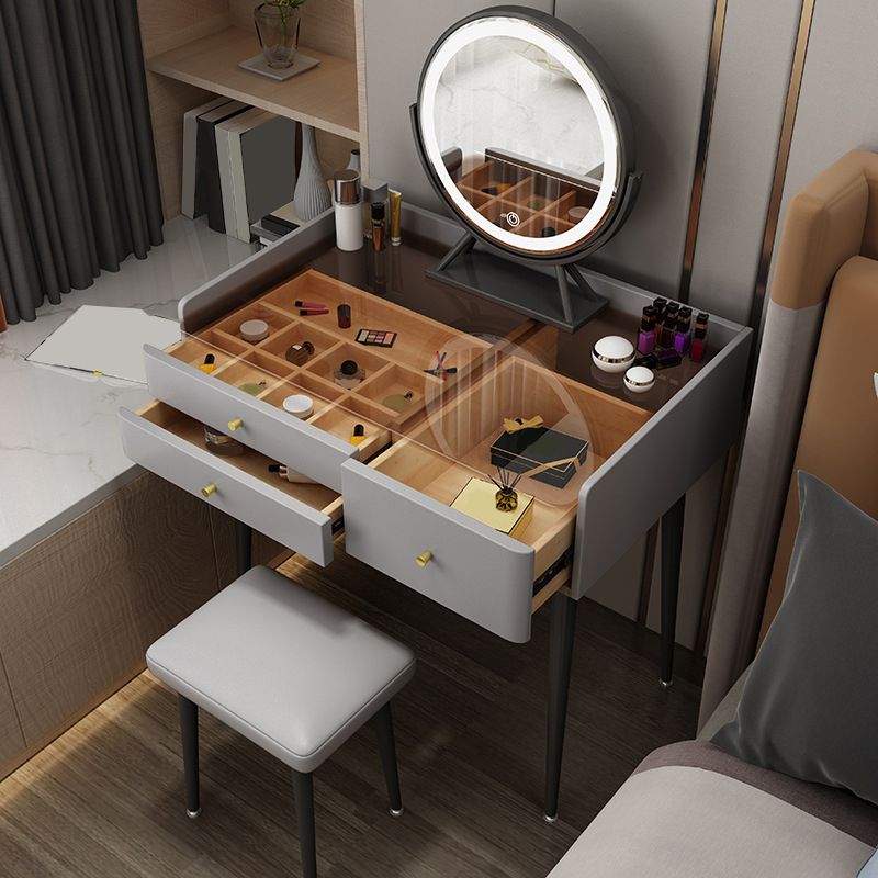 2 Pieces Vanity Set Glass Top Make-up Vanity Table Set in Gray
