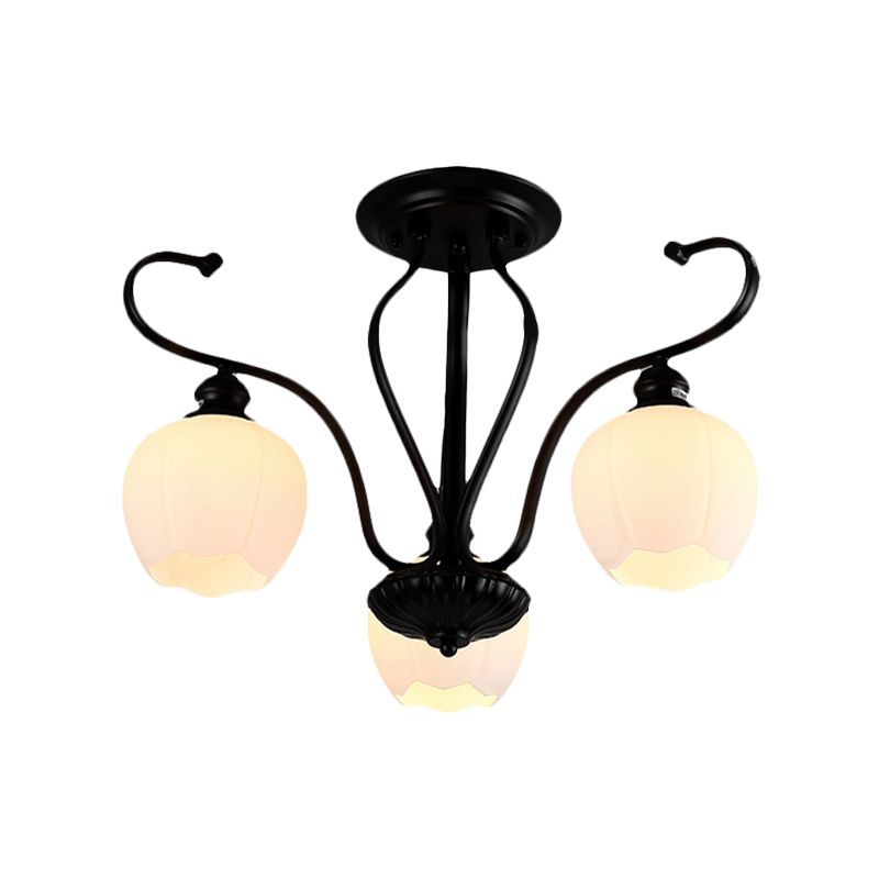 Flower Shape Living Room Semi Flush Light Classic White Glass 3/6/8 Lights Black Ceiling Lighting